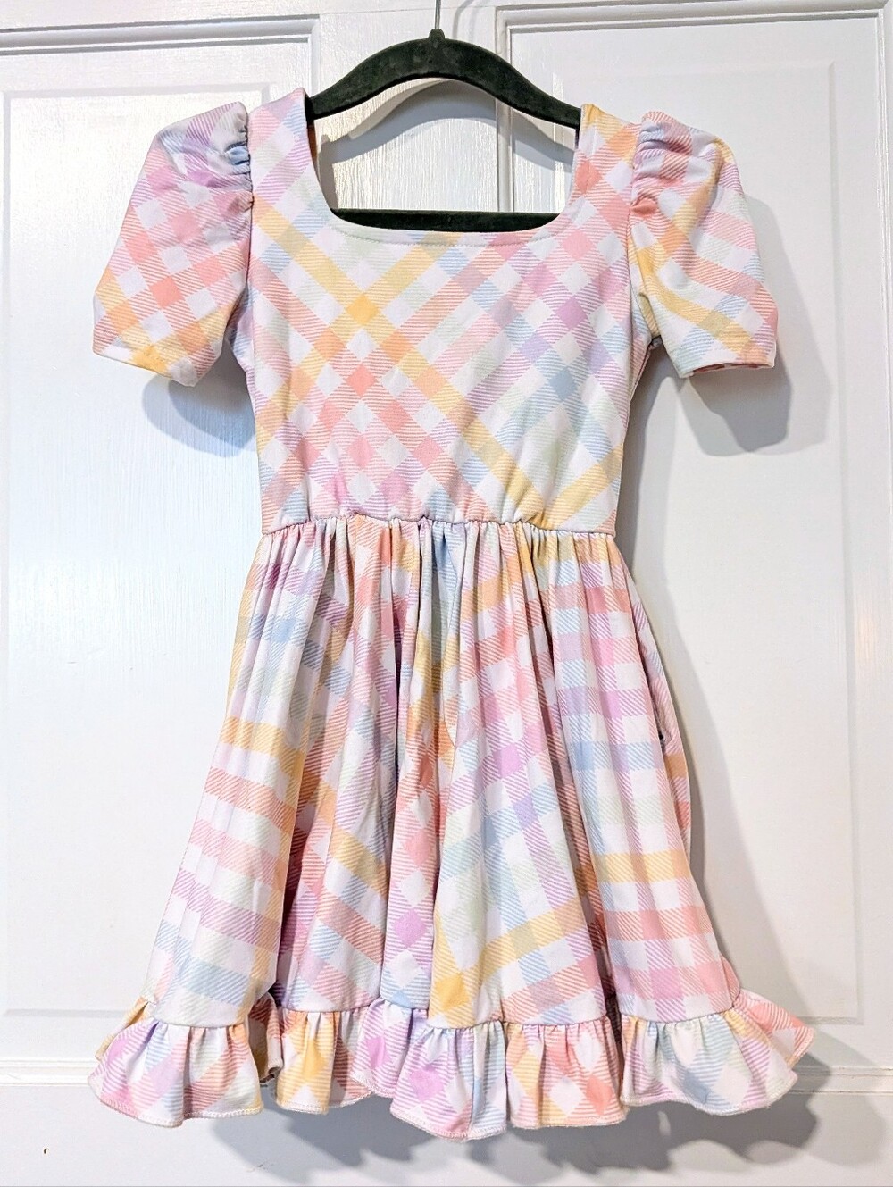 Girlhood By Little Stocking Company Girls' Pastel Plaid Puff-Sleeve Dress